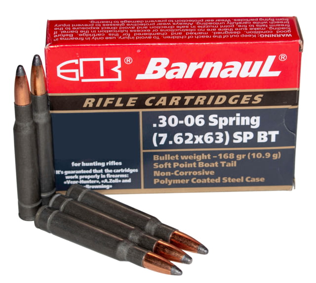 BarnauL .30-06 Springfield 168 Grain Soft Point Boat-Tail Steel Cased Centerfire Rifle Ammunition