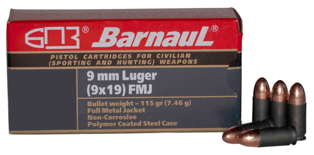 BarnauL 9mm Luger 115 Grain Full Metal Jacket Steel Cased Centerfire Pistol Ammunition
