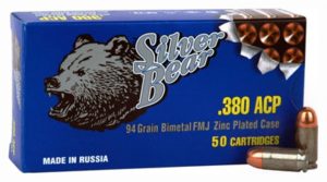 Bear Ammunition Silver Bear .380acp 94gr. Fmj-rn Zinc Plated Case 50-pk