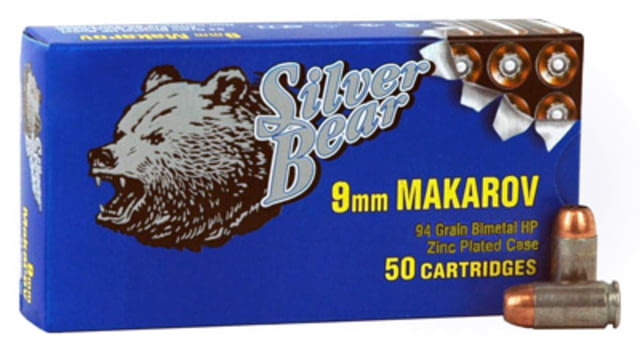 Bear Ammunition Silver Bear 9×18 Makarov 94gr. Jhp Zinc Plated Case 50-pk