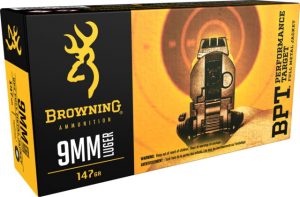 Browning BPT Performance Target Pistol 9mm Luger 147 Grain Full Metal Jacket Brass Cased Centerfire Pistol Ammunition