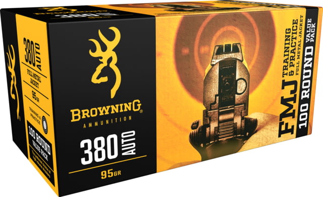 Browning FMJ .380 ACP 95 Grain Full Metal Jacket Brass Cased Centerfire Pistol Ammunition