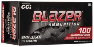CCI Ammunition Blazer Aluminum 9mm Luger 115 grain Full Metal Jacket Round Nose Centerfire Pistol Ammunition