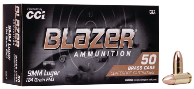 CCI Ammunition Blazer Brass 9mm Luger 124 grain Full Metal Jacket Centerfire Pistol Ammunition