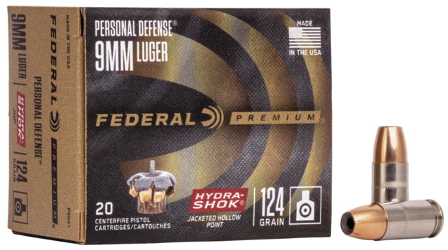 Federal Premium Centerfire Handgun Ammunition 9mm Luger 124 grain Hydra-Shok Jacketed Hollow Point Centerfire Pistol Ammunition