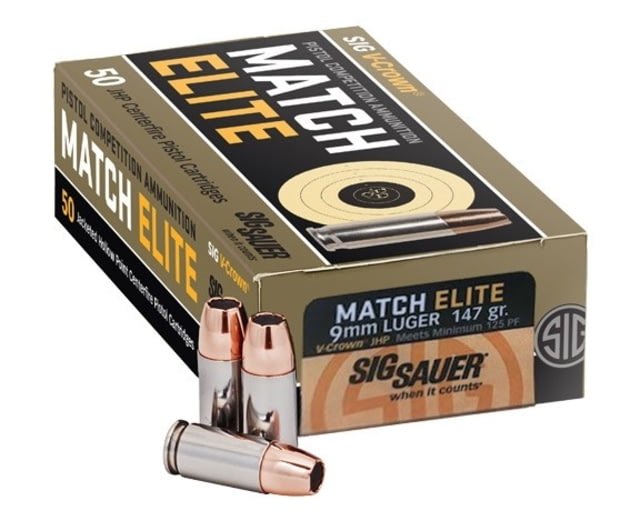 Sig Sauer Elite V-Crown Competition 9mm Luger 147 grain Jacketed Hollow Point Brass Cased Centerfire Pistol Ammunition