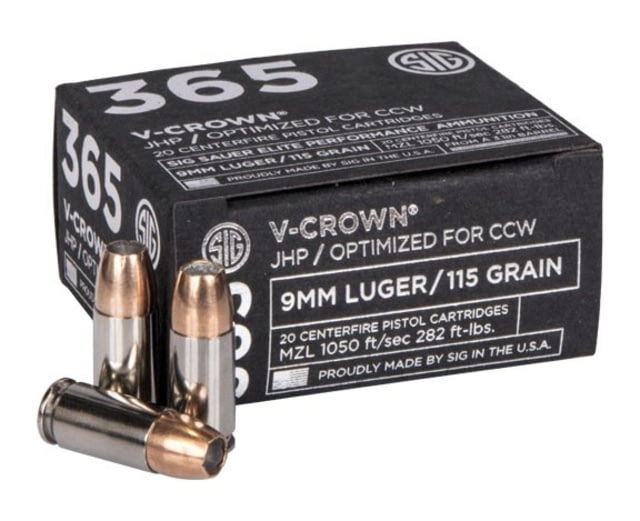 Sig Sauer Elite V-Crown P365 9mm Luger 115 grain Jacketed Hollow Point Brass Cased Centerfire Pistol Ammunition