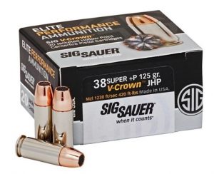 Sig Sauer V-Crown Ammo .38 Super +P 125 grain Jacketed Hollow Point Brass Cased Centerfire Pistol Ammunition