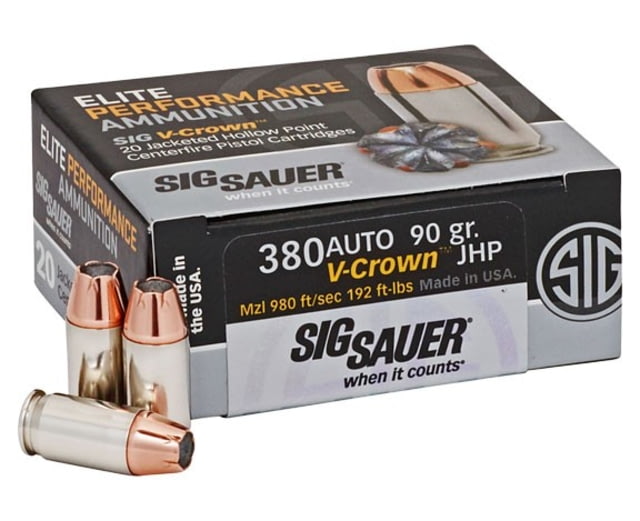 Sig Sauer V-Crown Ammo .380 ACP 90 grain Jacketed Hollow Point Brass Cased Centerfire Pistol Ammunition