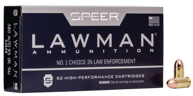 Speer Lawman Handgun Training .380 ACP 95 grain Total Metal Jacket Centerfire Pistol Ammunition