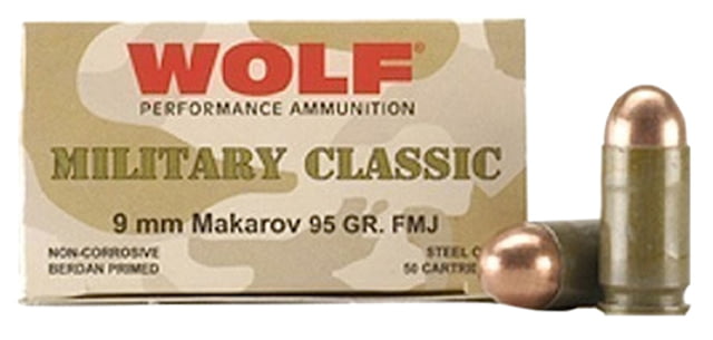 Wolf MC918FMJ Military Classic 9×18 Makarov 94 Gr Full Metal Jacket (FMJ) 50 Bx